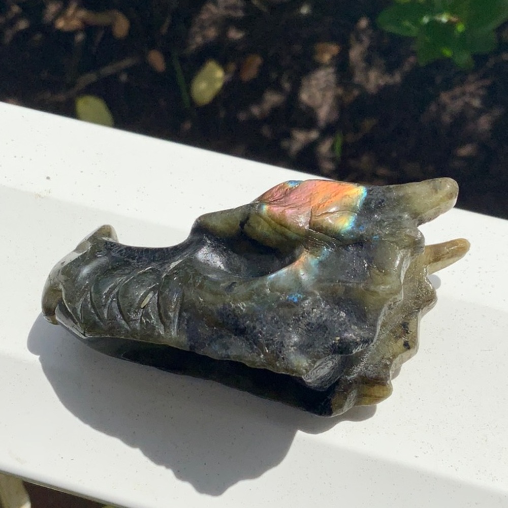 LABRADORITE HAND CARVED DRAGON SKULL